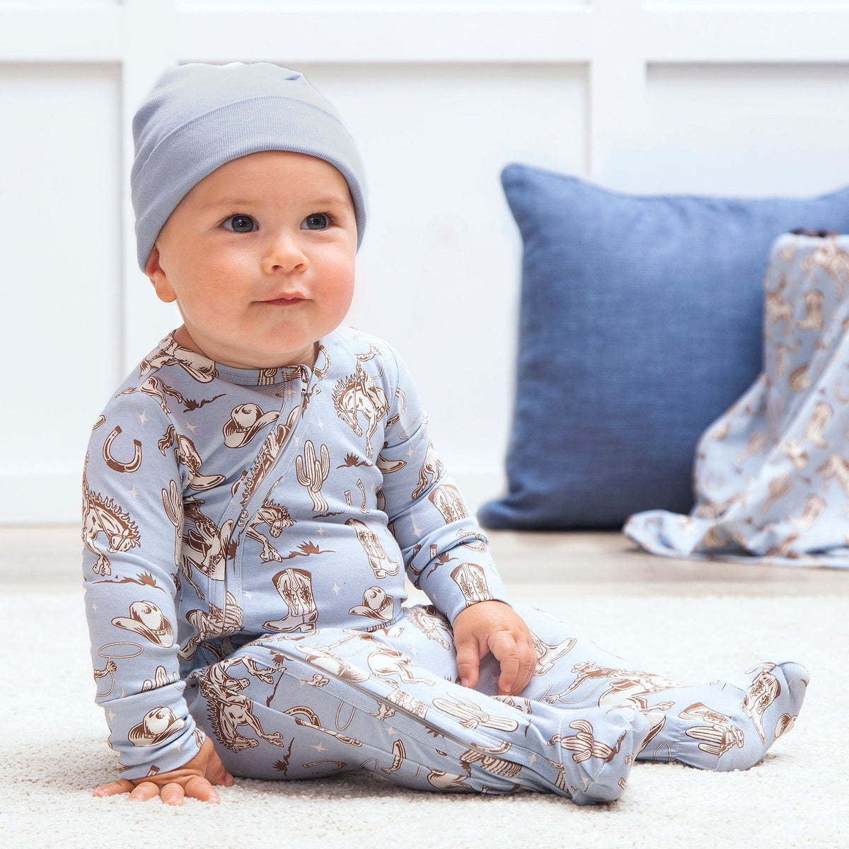 Wild Wrangler Baby Boy Bamboo Zipper Romper | Blue Western Print