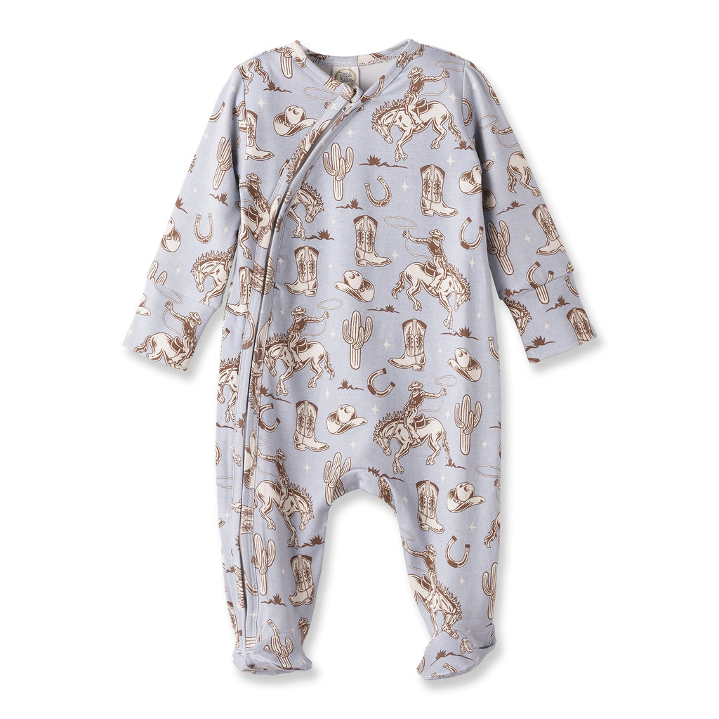 Wild Wrangler Baby Boy Bamboo Zipper Romper | Blue Western Print
