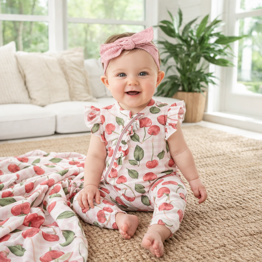 Cherry Picnic Baby Girl Romper | Soft Bamboo Zipper Romper