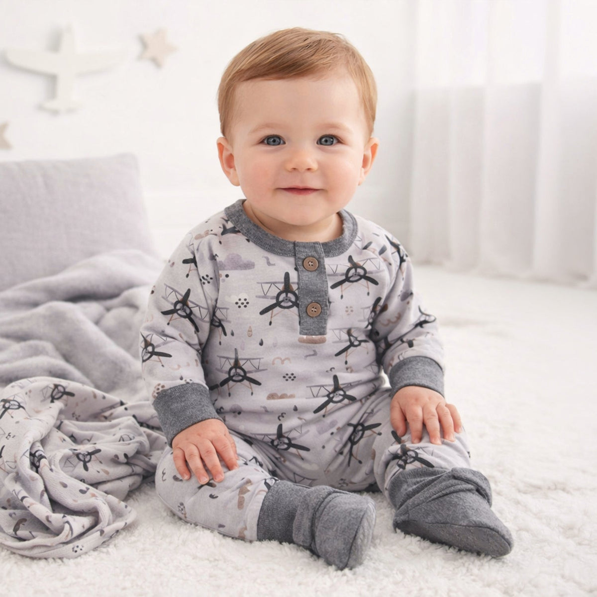 Airplane Henley Romper | Soft Bamboo Baby Outfit