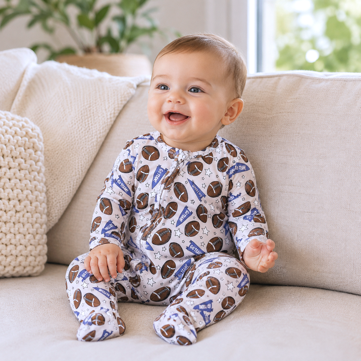 Football Fun Baby Bamboo Zipper Romper | Footed Go Team PJs