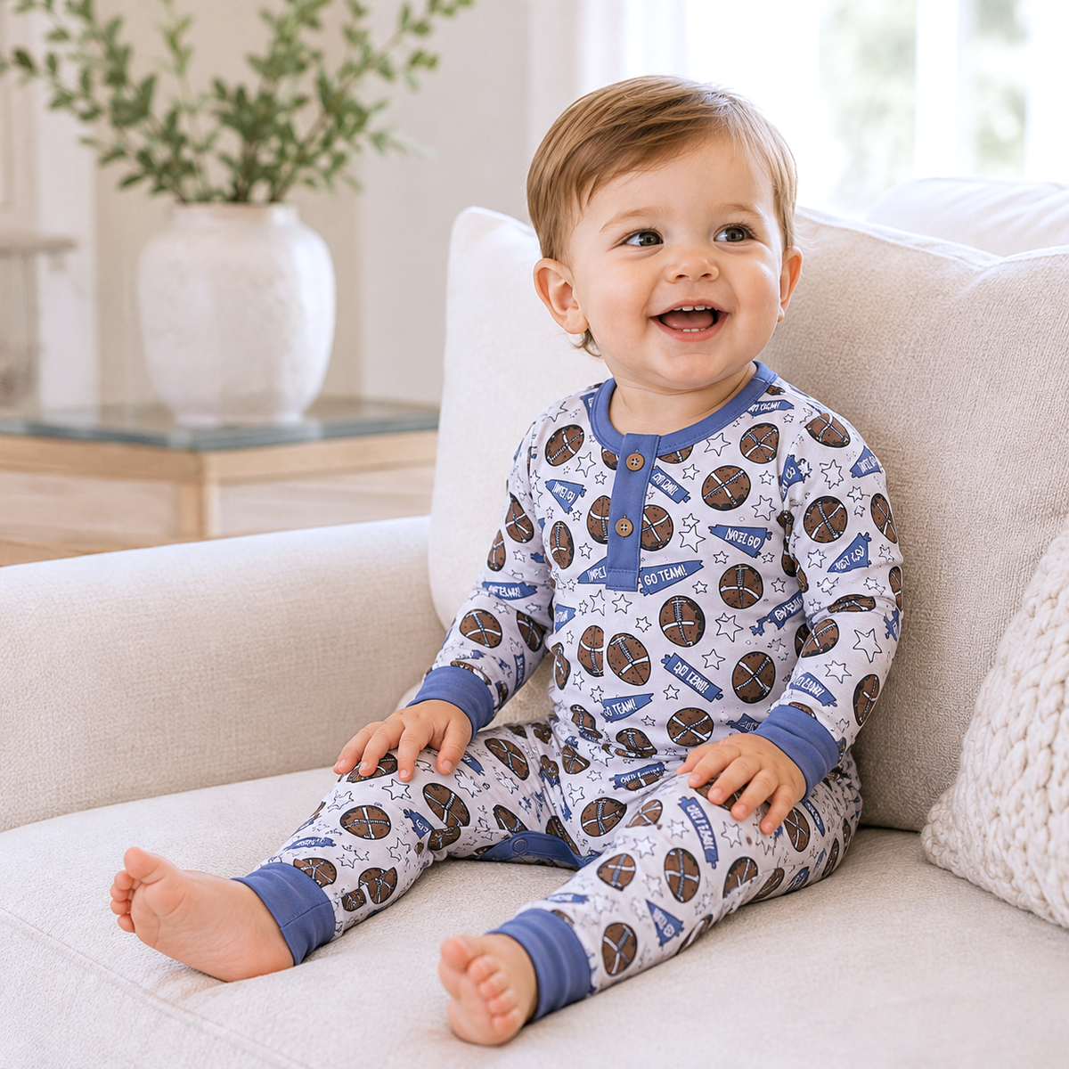 Football Fun Baby Boy Bamboo Henley Romper | Go Team