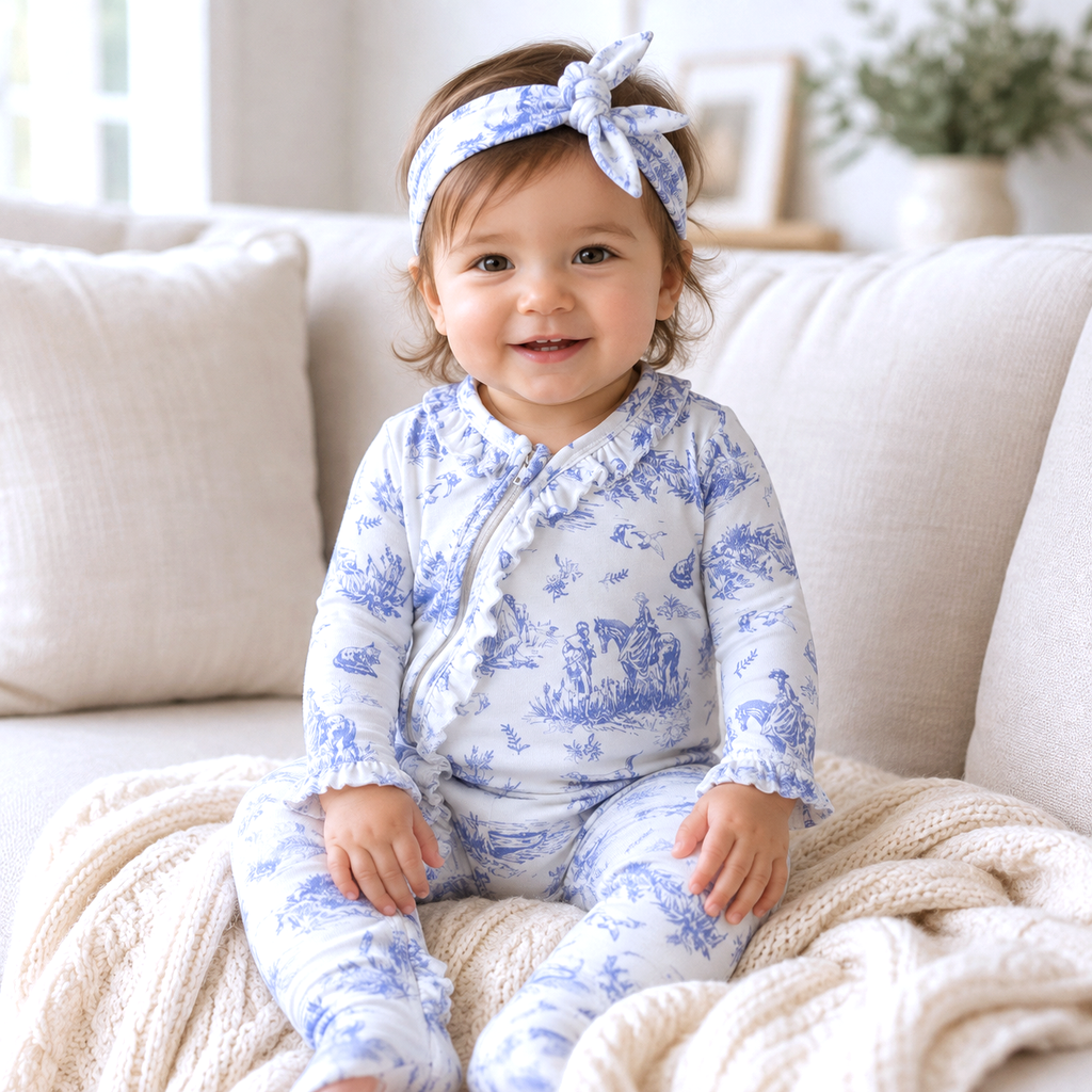 Toile de Jouy Baby Girl Bamboo Zipper Romper | Mommy and Me