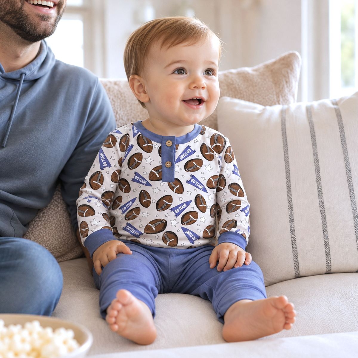 Football Fun Baby Boy Bamboo Henley Set | Shirt and Pants