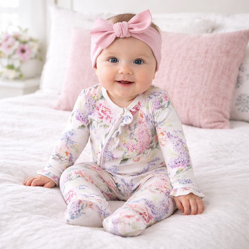 Dream Blossom Baby Girl Bamboo Zipper Romper | Floral Ruffle