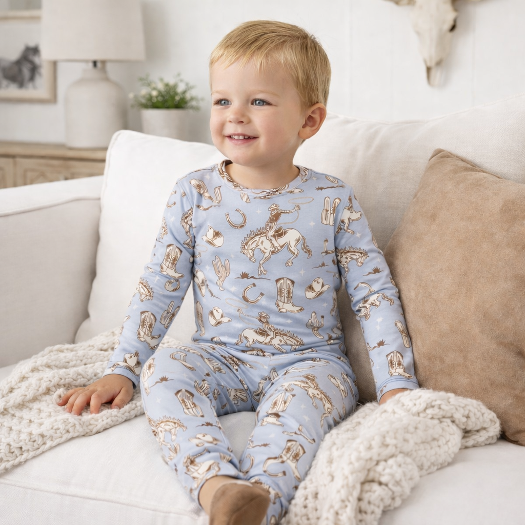 Wild Wrangler Kids Bamboo Pajama Set | Blue Western Cowboy Print