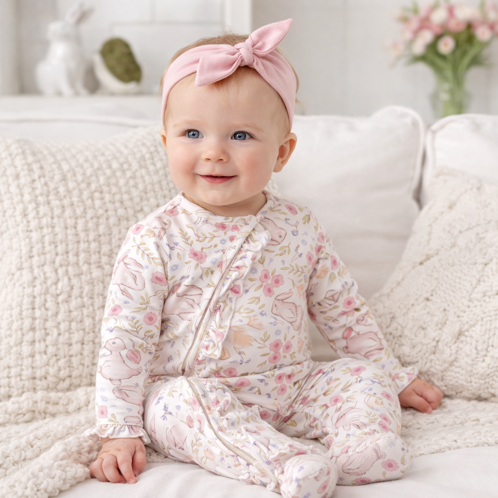 Bunny Blooms Baby Girl Bamboo Zipper Romper | Easter Ruffle
