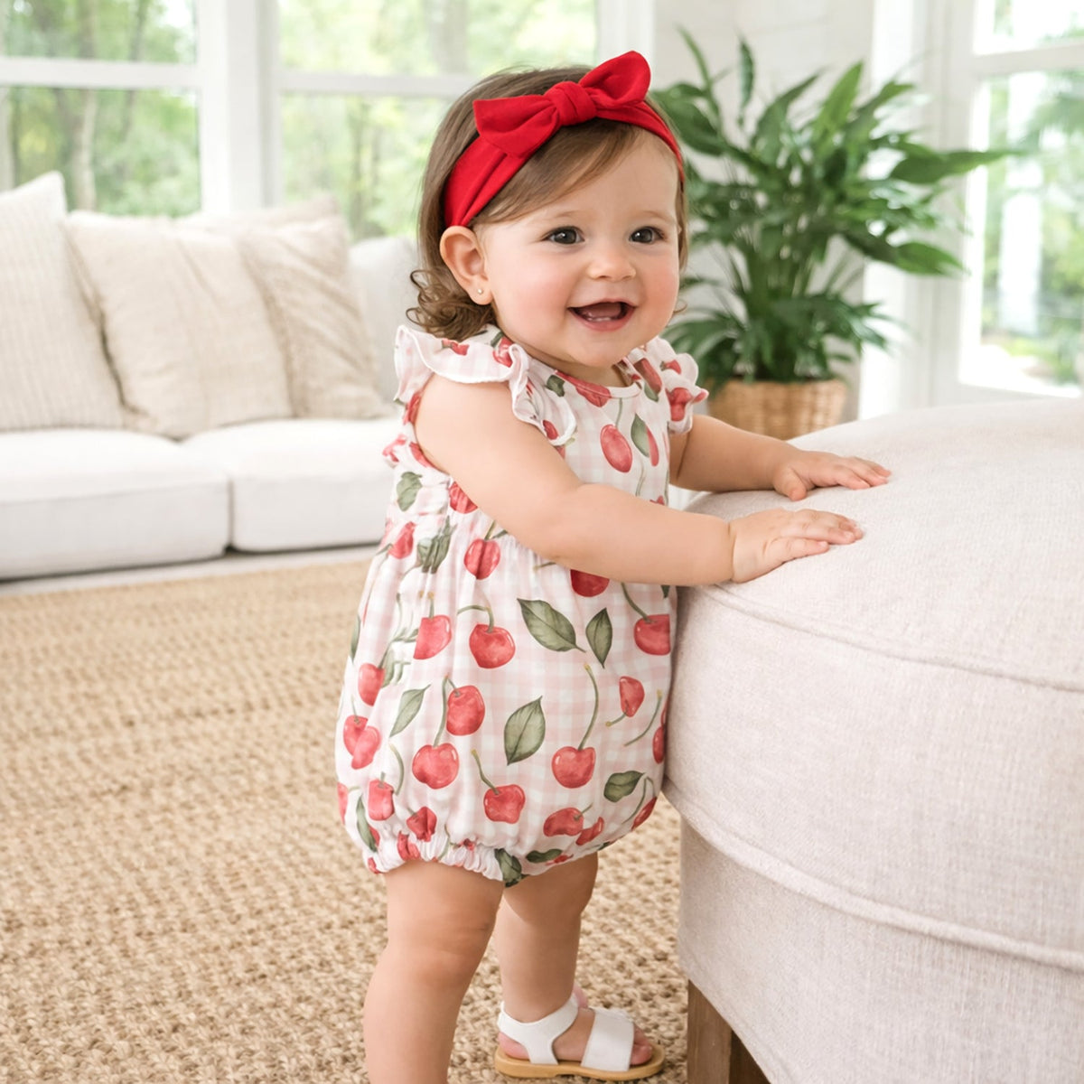 Cherry Picnic Baby Girl Bamboo Bubble Romper | Flutter Sleeve