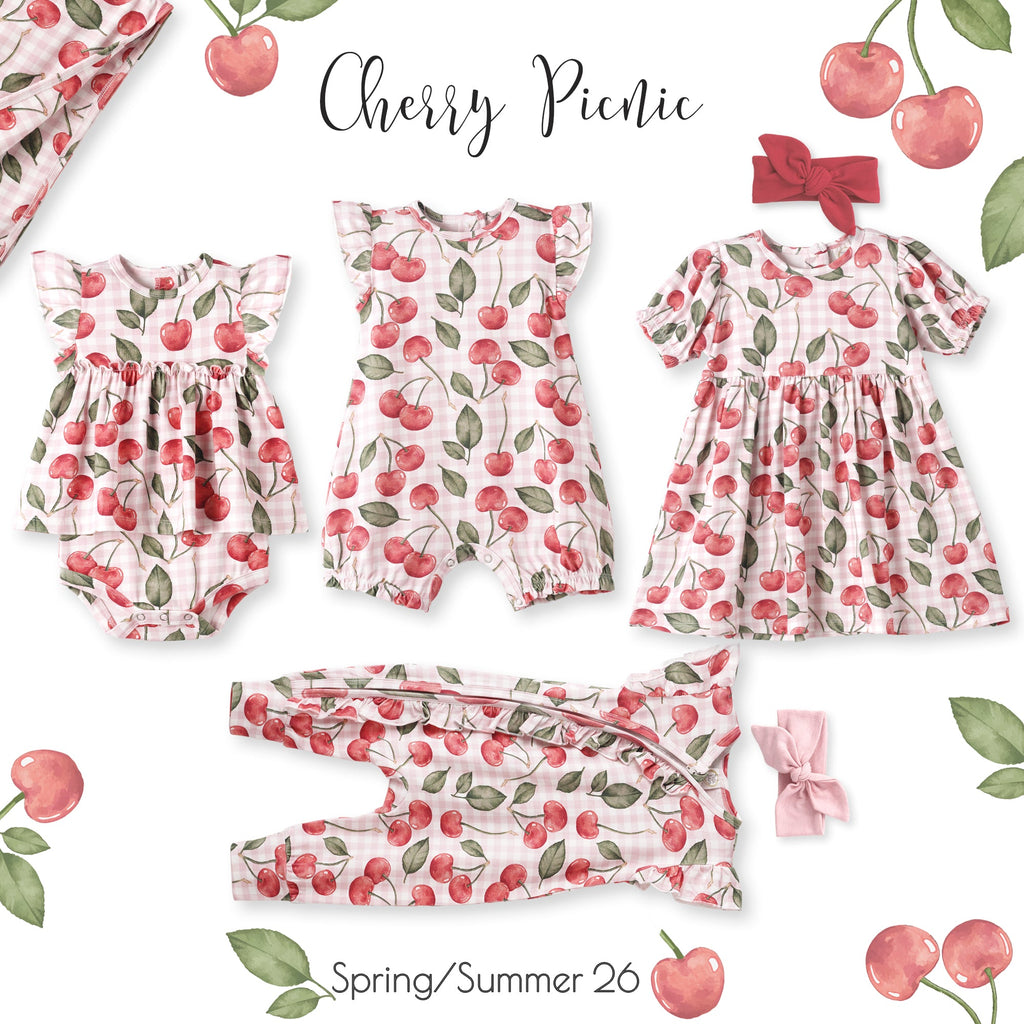 Cherry Picnic Baby Girl Romper | Soft Bamboo Zipper Romper