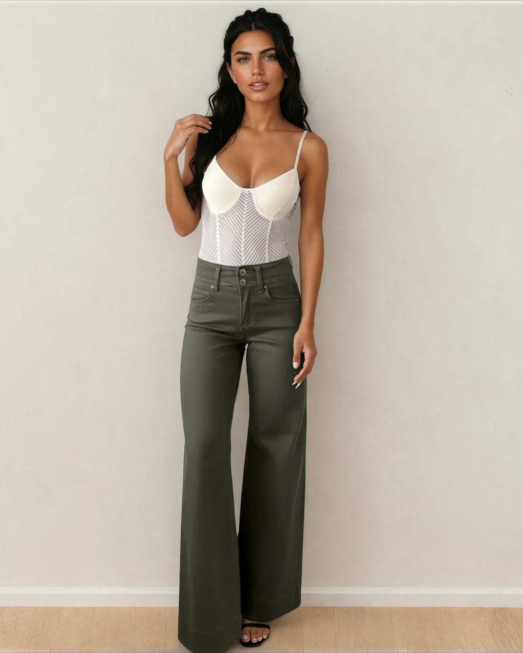 Brooke 2-Button High Waist Flared Bottom Jeans - Olive