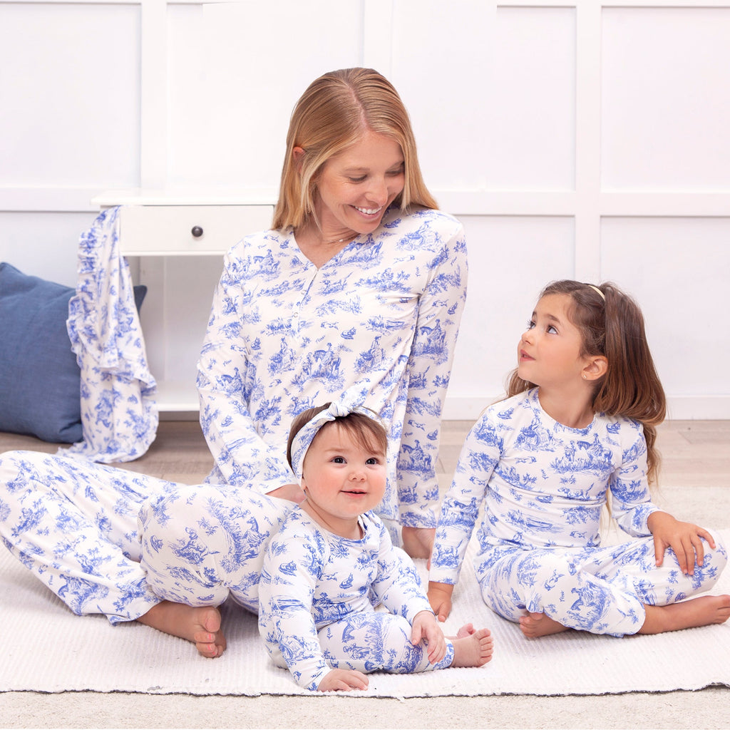 Toile de Jouy Baby Girl Bamboo Romper | Classic Blue and White