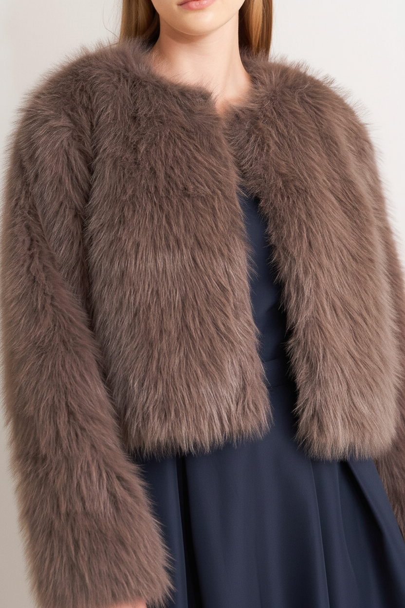 London Flare Mocha Faux Fur Crop Jacket - Close Up with Navy Dress