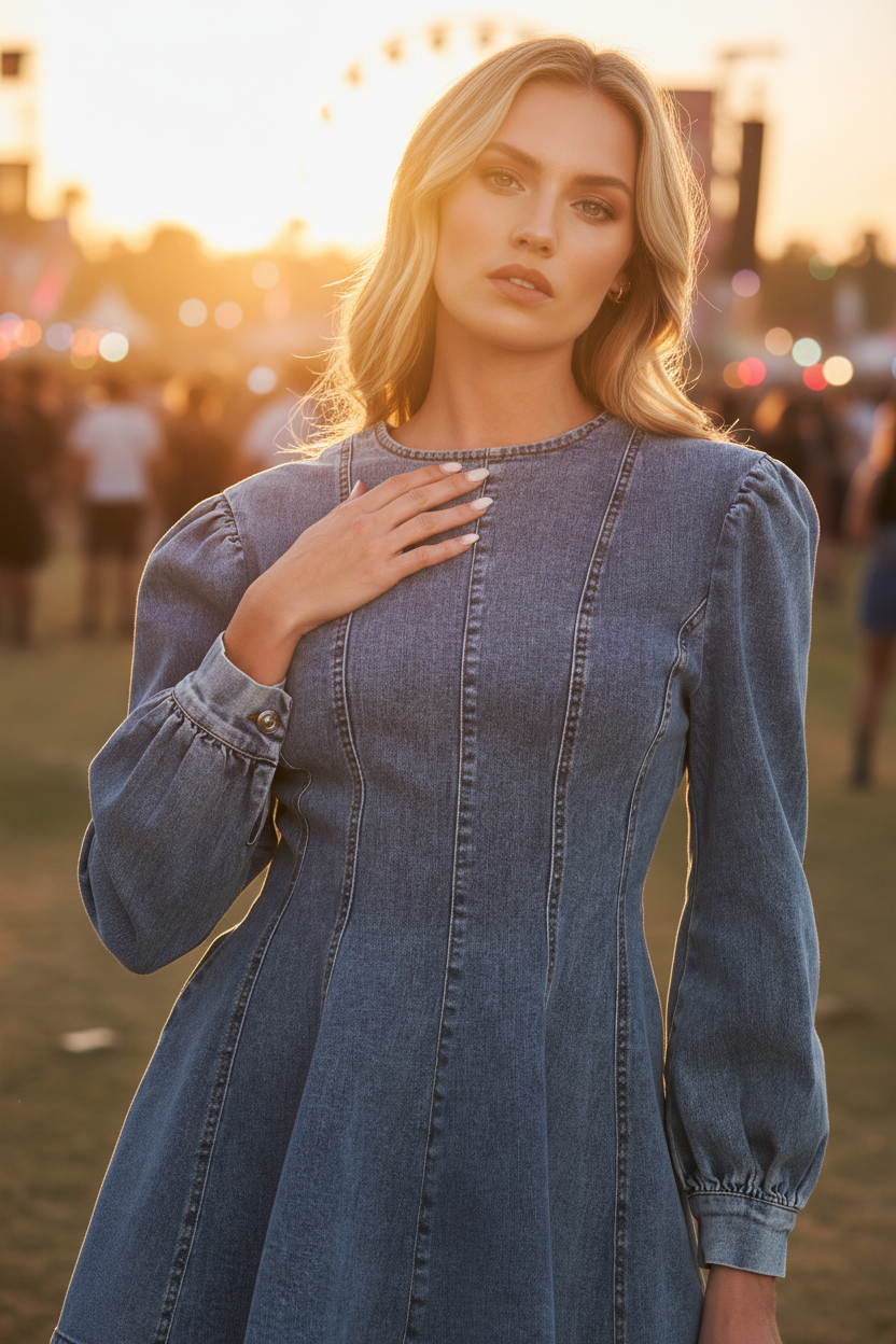 Your Sweetie Denim Dress - Blonde Close Up Concert