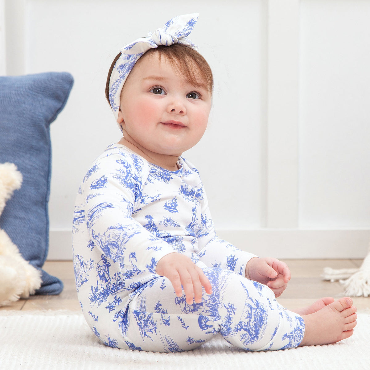 Toile de Jouy Baby Girl Bamboo Romper | Classic Blue and White
