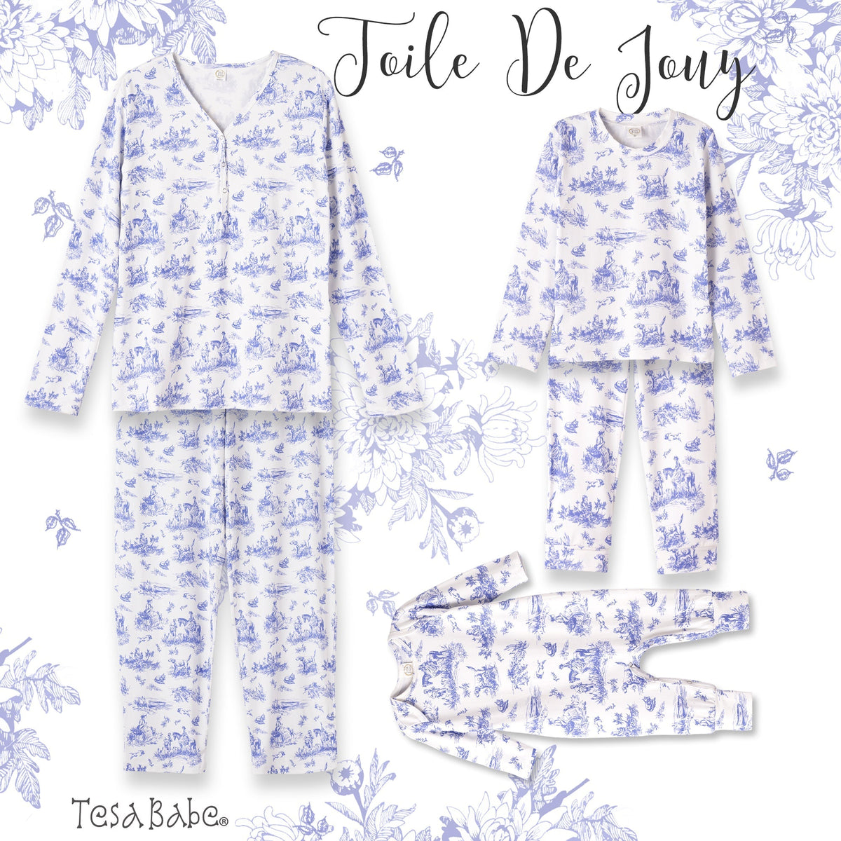 Toile de Jouy Girls Bamboo Pajama Set | Classic Blue and White