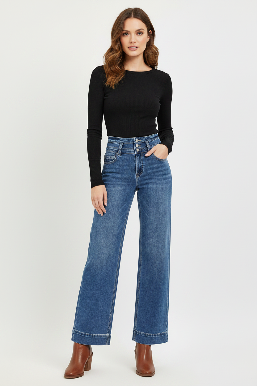Wide Leg Jeans with Black Shirt and Brown Leather Boots